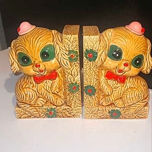 Vintage Big Eyed Dog Bookends Rare 60's Kitschy Keane Style Ceramic Cuties